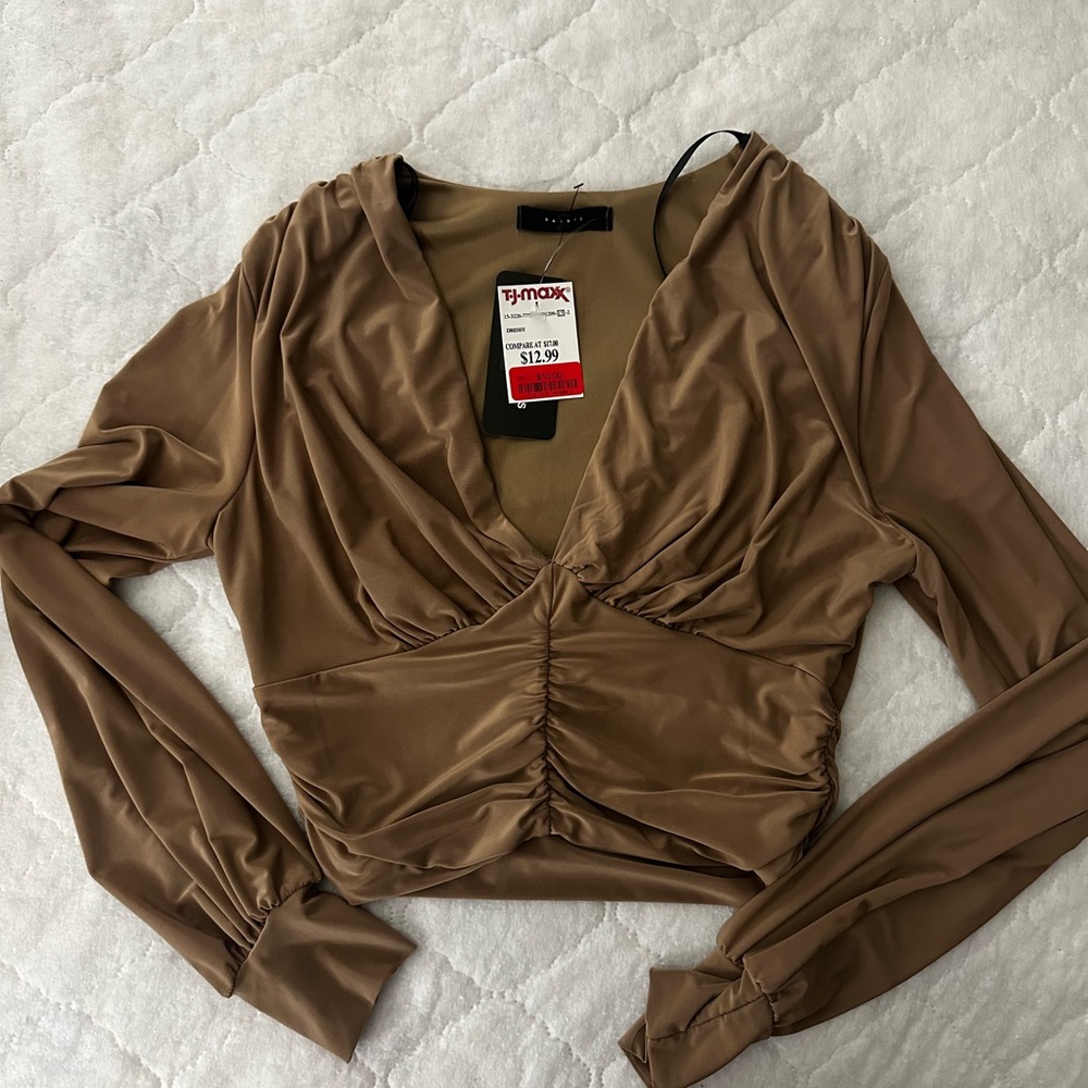 Zara Tan Long Sleeve Ruched Blouse